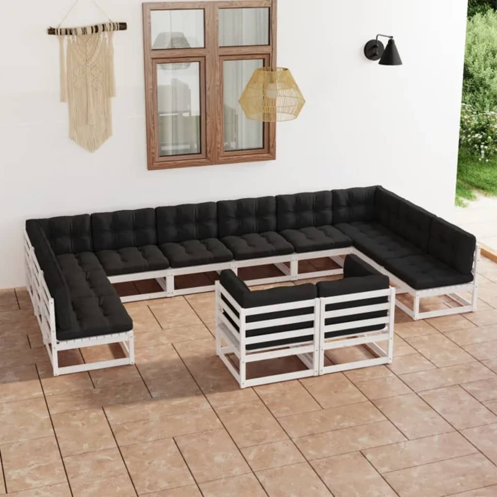 12-tlg. Garten-Lounge-Set mit Kissen Weiss Kiefer Massivholz